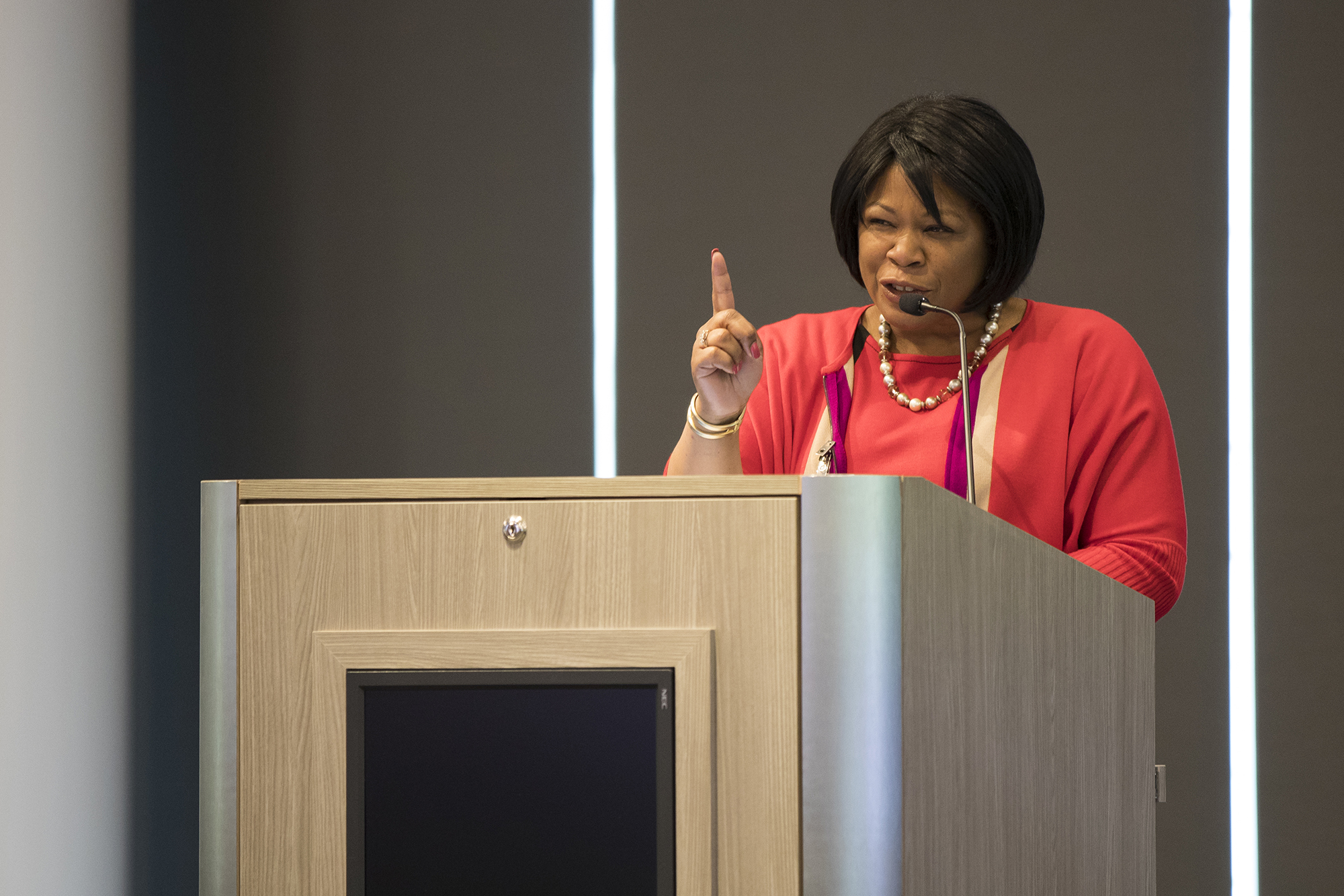 Anita Brown-Graham addresses workforce development professionals on May 16, 2018. (Photo by Adam Jennings | RTI International)