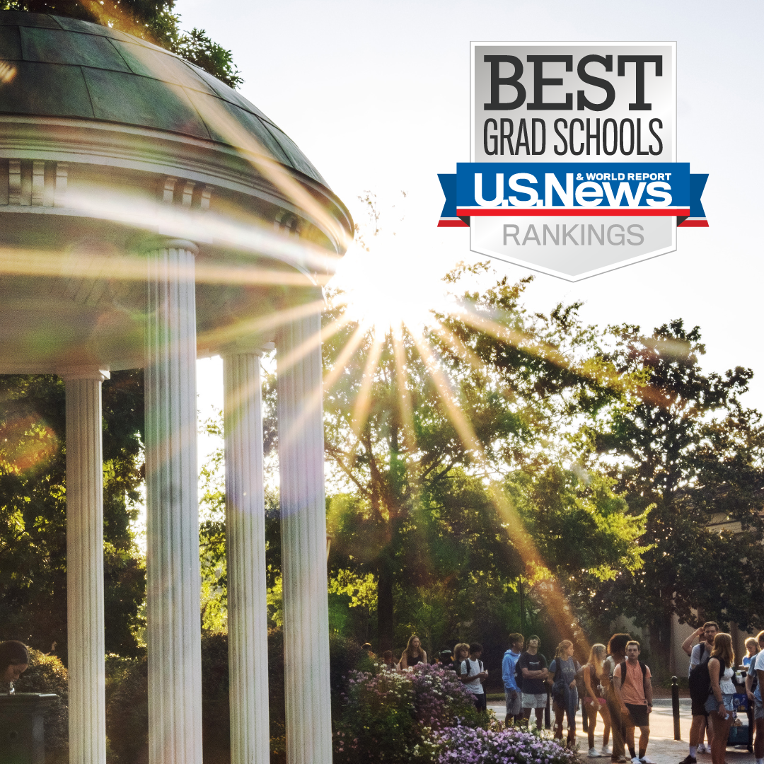 Image of the Old Well on UNC's campus along with a U.S. News & World Report best graduate programs graphic. 