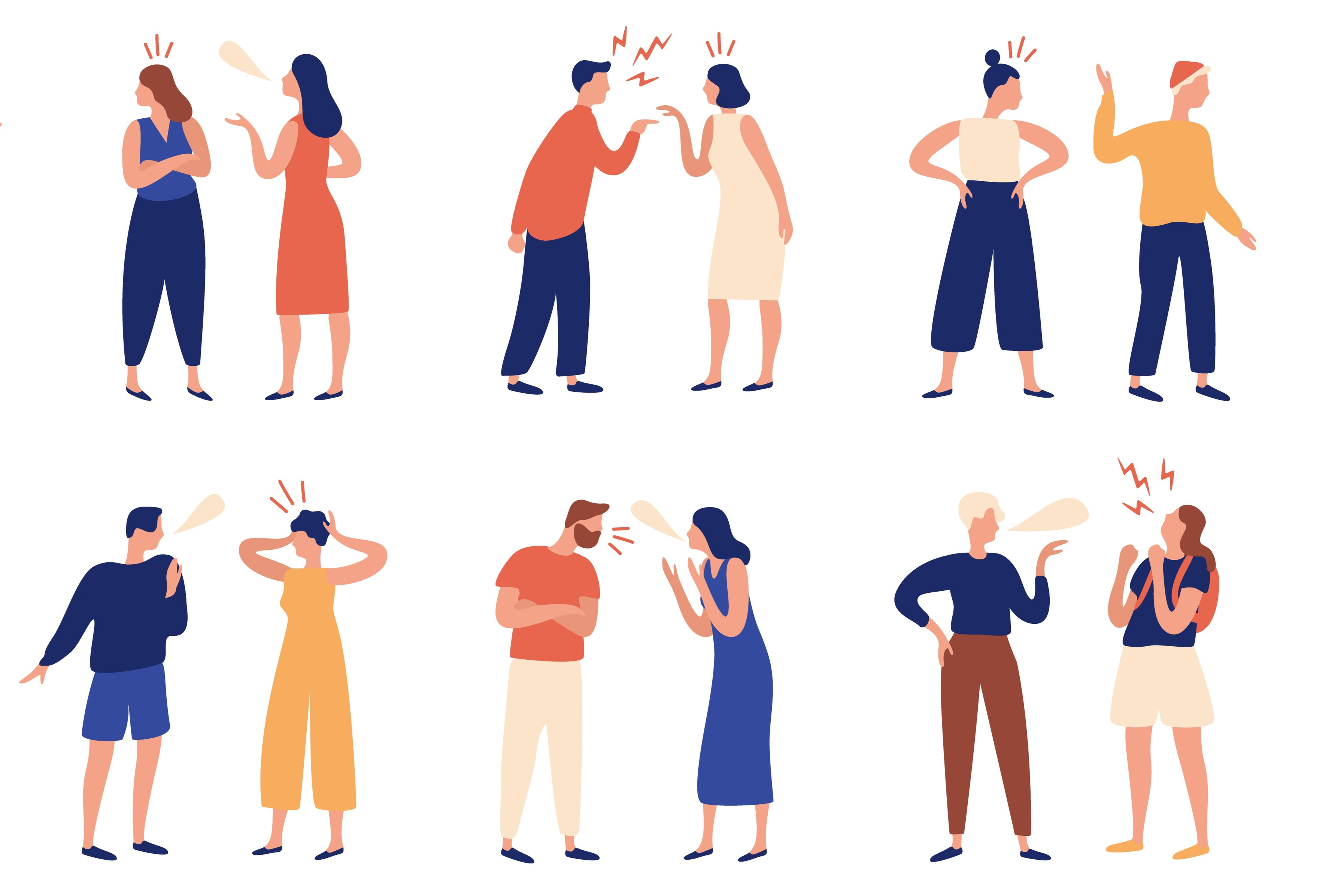 Collection of Pairs of People during Conflict or Disagreement. Set of Men and Women Quarreling, Brawling, Bickering, Shouting at Each Other. Colorful Vector Illustration in Flat Cartoon Style