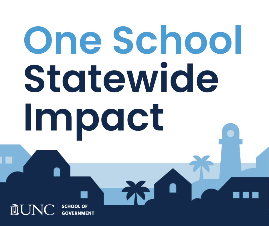 A blue illustration of a North Carolina beach town. Text above reads "One School Statewide Impact."