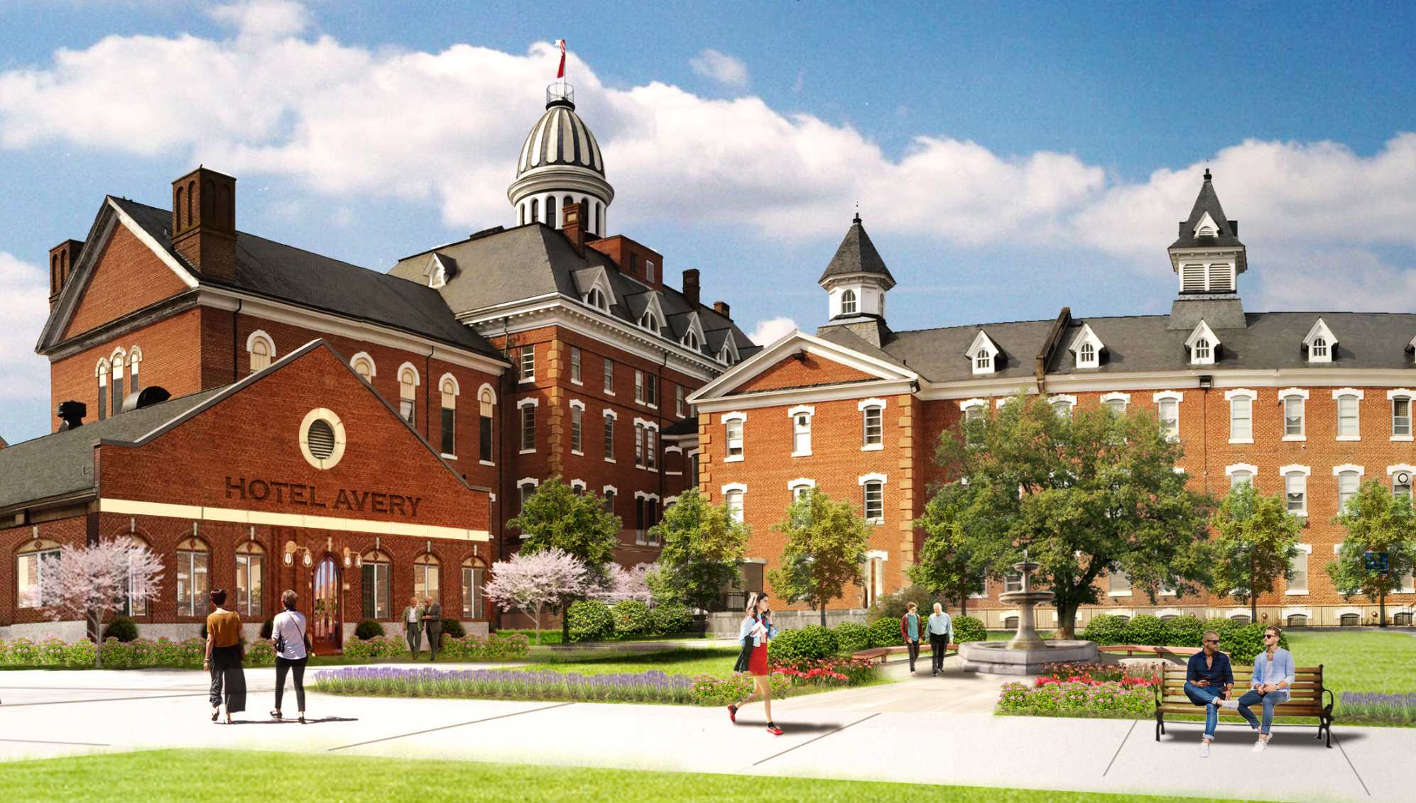 A rendering shows a remodeled brick building on the Broughton Hospital campus with people strolling the grounds.