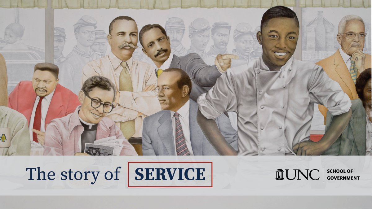 Panel of the SERVICE mural depicts several Black North Carolinians sitting at a lunch counter. Text reads "The Story of Service."