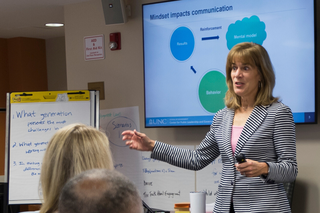 Speaker Eleanor Green points to flip chart as she speaks in front of class.jpg