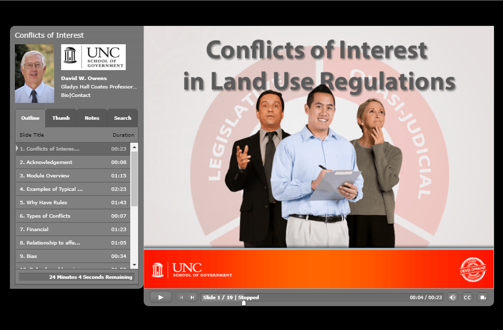 This module covers the legal standards on conflicts of interest for those making decisions for land use and development regulations. It reviews the types of conflicts that arise, the rules that determine how conflicts are addressed for differing types of 
