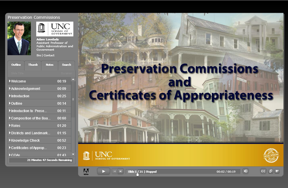 This module addresses the authority for local historic preservation regulations. Viewers will learn about the roles and responsibilities of preservation commissions, designation of local historic districts and landmarks, and the process and standards for 