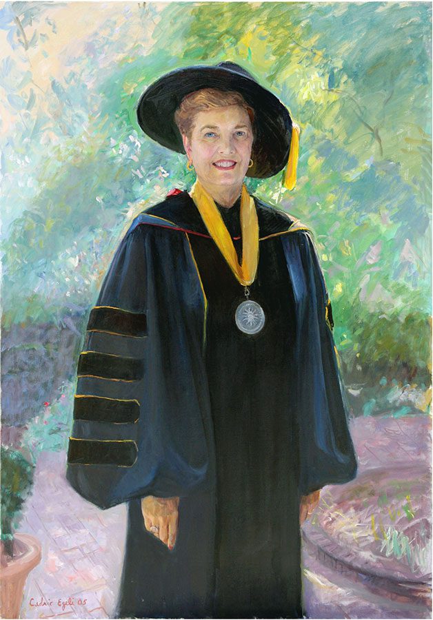 A painting of Molly Broad in academic regalia