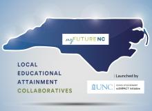 An outline of the state of North Carolina. Text reads "myFutureNC Local Educational Attainment Collaboratives launched by the UNC School of Government ncIMPACT Initiative."