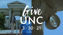 Left shows a man and a woman greeting each other in front of the Knapp-Sanders building, right is the column scrolls on the Knapp-Sanders building. Text overlay reads "GiveUNC, March 30, 20201"